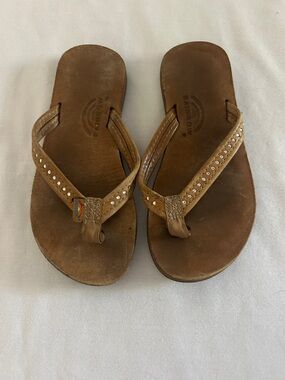 Rainbow Brown Leather Flip Sandals with Crystal Studs